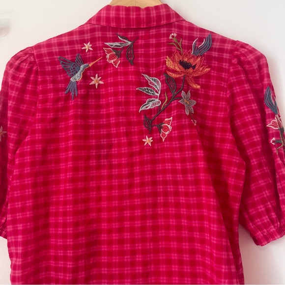 Johnny Was Pink Embroidered Gingham Button Down Blouse - Picture 9 of 11
